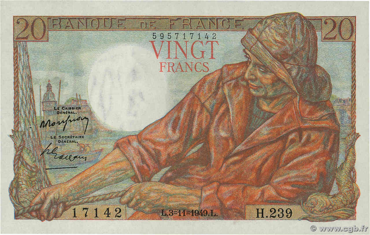 20 Francs PÊCHEUR FRANKREICH  1949 F.13.16 VZ