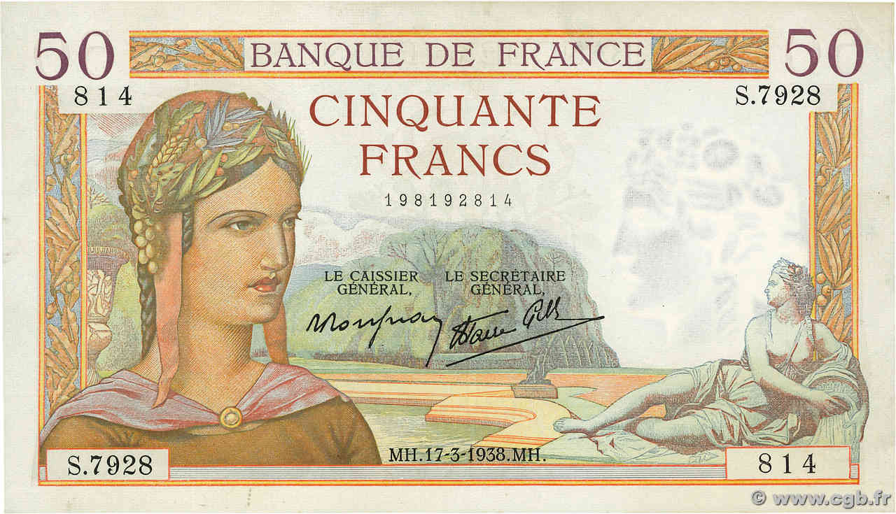 50 Francs CÉRÈS modifié FRANKREICH  1938 F.18.10 VZ