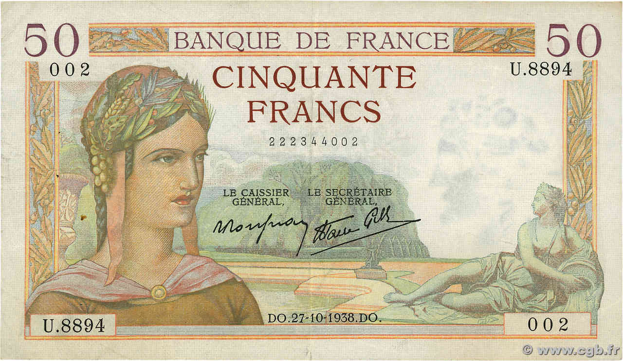 50 Francs CÉRÈS modifié FRANCE  1938 F.18.17 pr.TTB