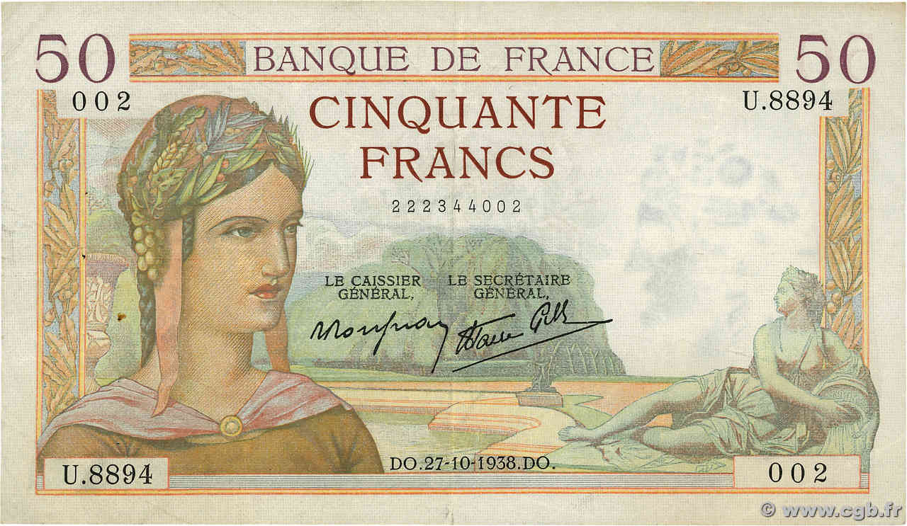 50 Francs CÉRÈS modifié FRANKREICH  1938 F.18.17 fSS