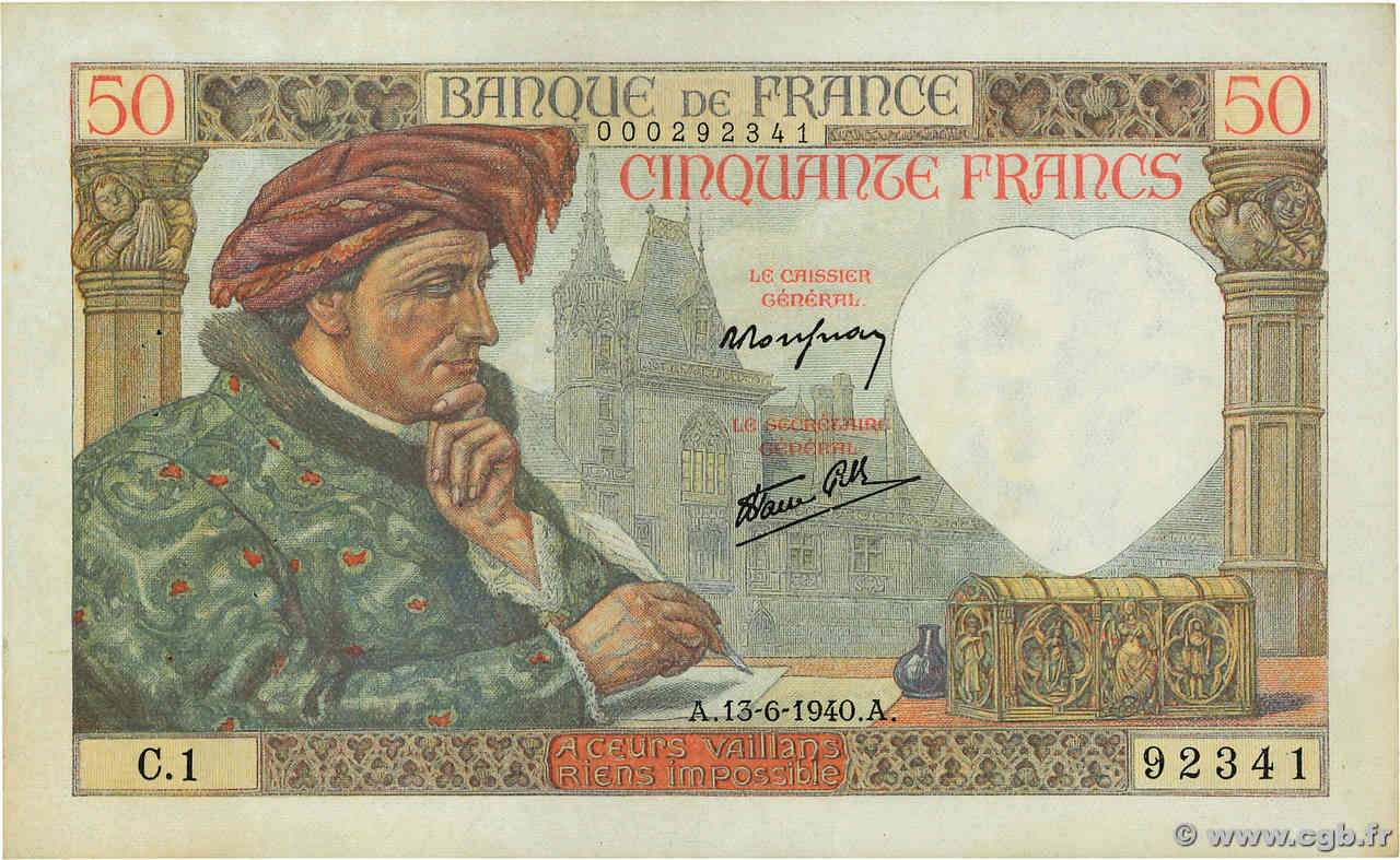 50 Francs JACQUES CŒUR FRANCIA  1940 F.19.01 q.SPL