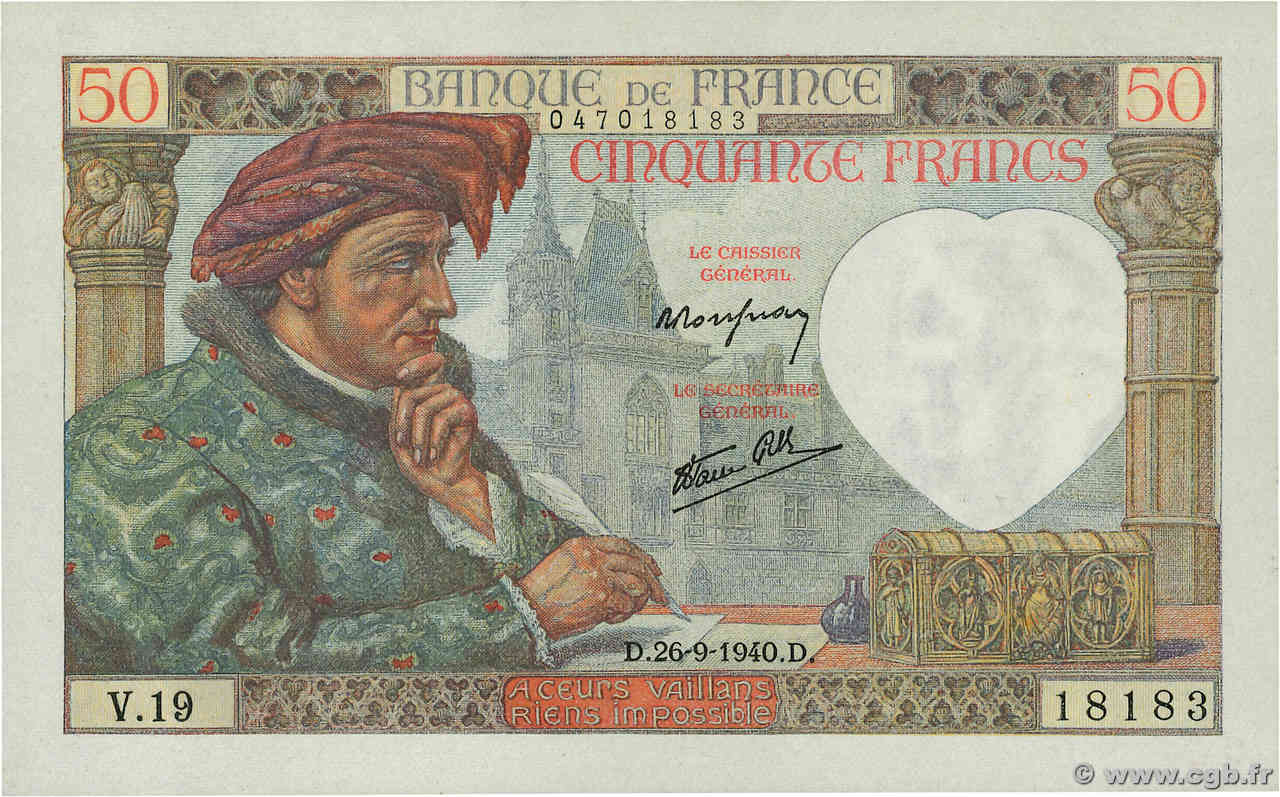 50 Francs JACQUES CŒUR FRANKREICH  1940 F.19.03 fST+