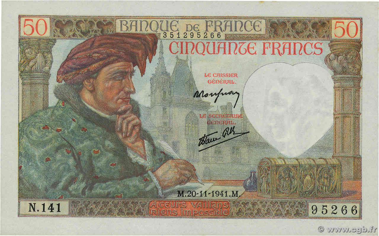 50 Francs JACQUES CŒUR FRANKREICH  1941 F.19.16 ST