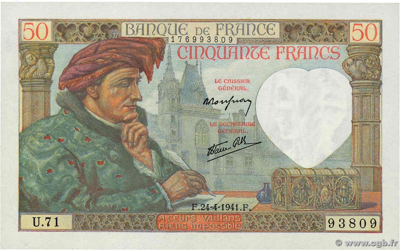 50 Francs JACQUES CŒUR FRANKREICH  1941 F.19.09 fST+