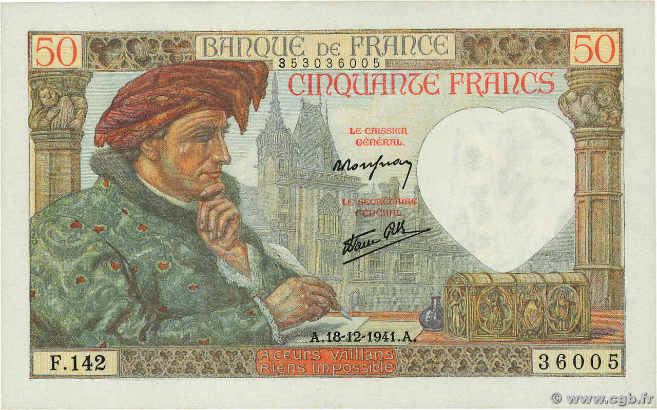 50 Francs JACQUES CŒUR FRANCE  1941 F.19.17 pr.NEUF