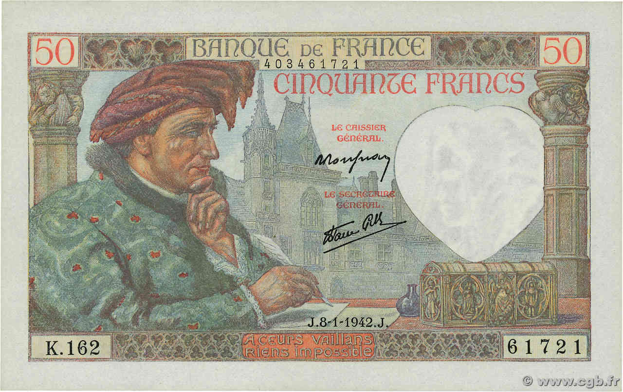 50 Francs JACQUES CŒUR FRANCE  1942 F.19.18 UNC-