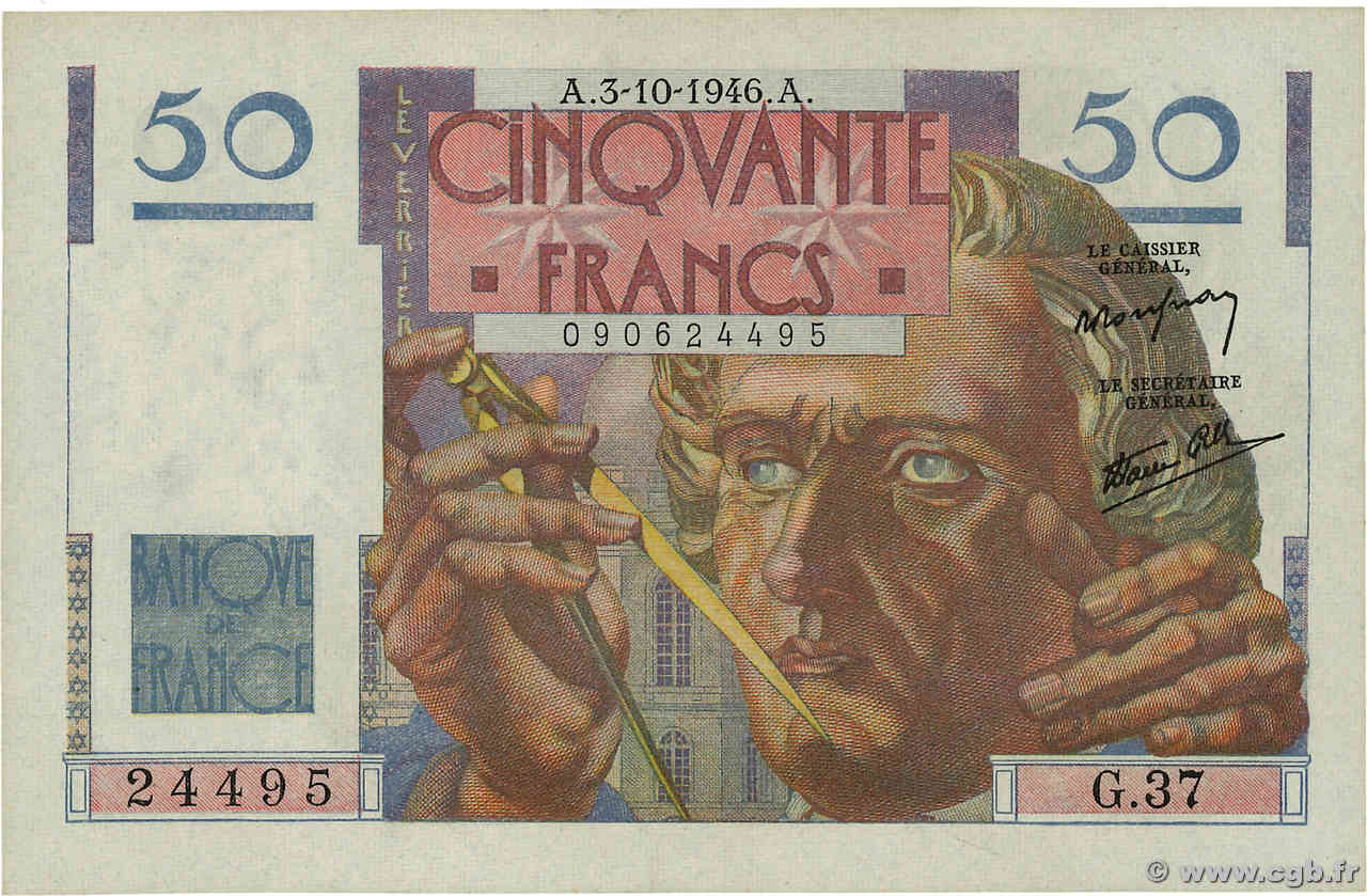 50 Francs LE VERRIER FRANCIA  1946 F.20.06 SC+