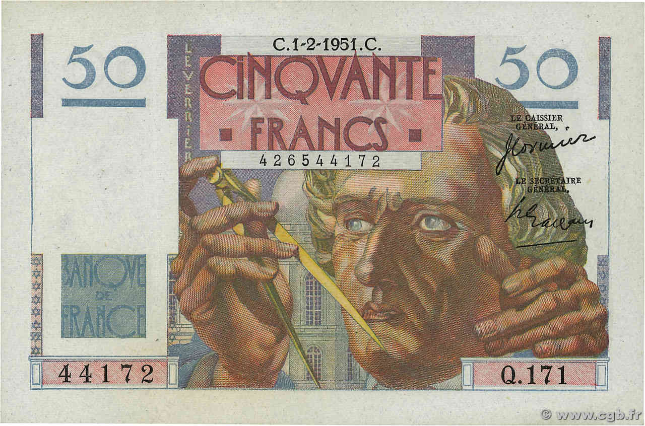 50 Francs LE VERRIER FRANCIA  1951 F.20.17 AU