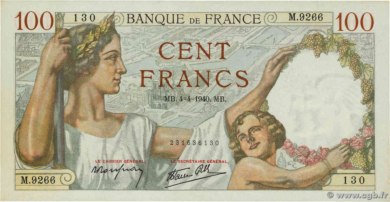 100 Francs SULLY FRANKREICH  1940 F.26.26 fST