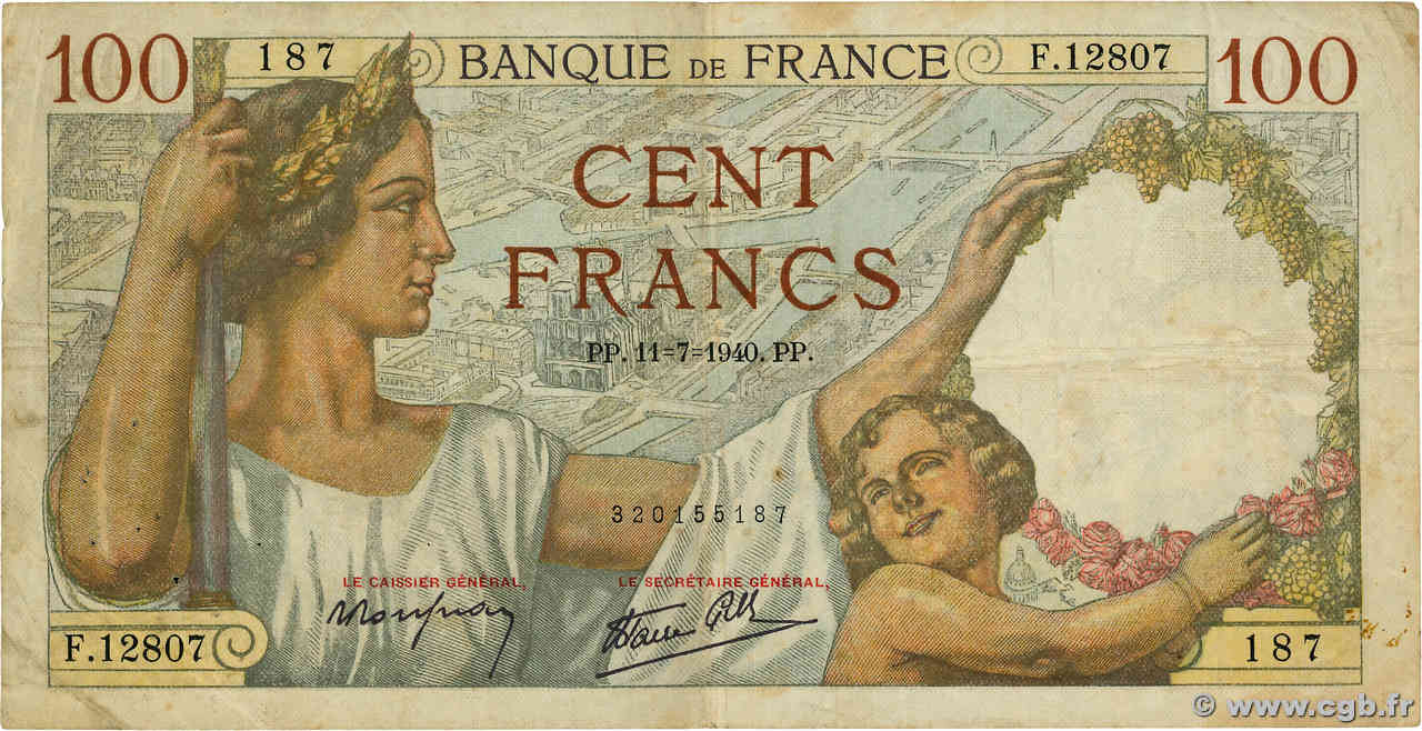 100 Francs SULLY FRANCE  1940 F.26.33 TB