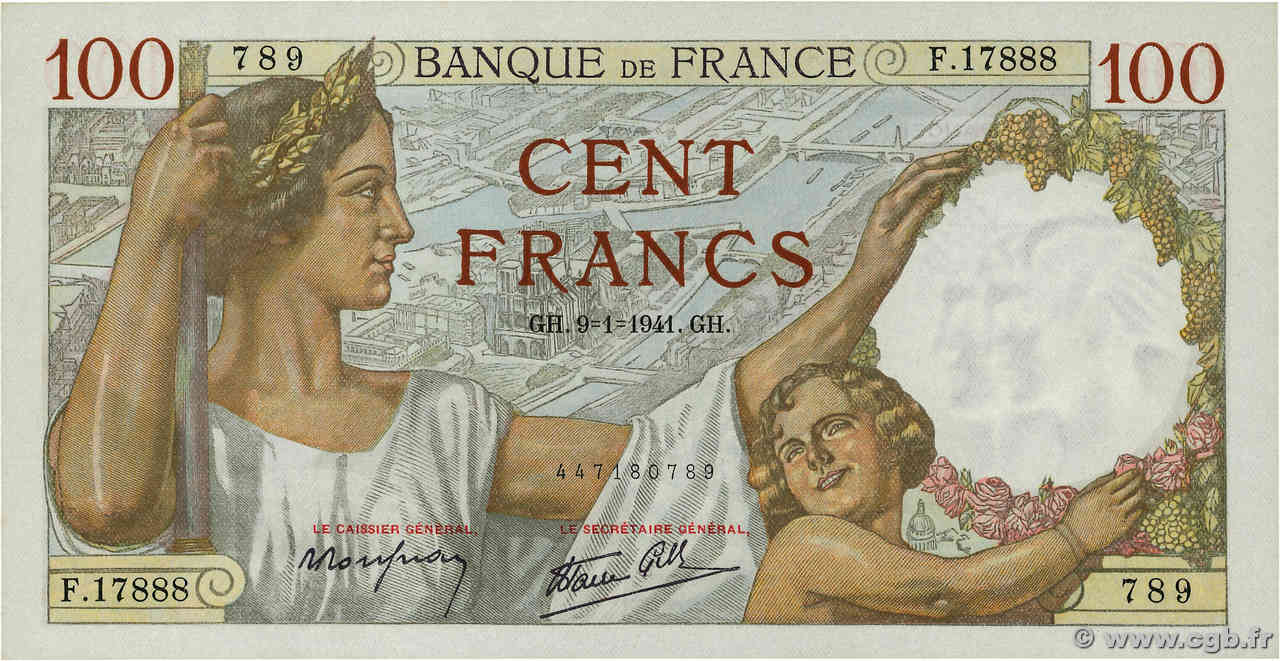 100 Francs SULLY FRANCIA  1941 F.26.44 q.FDC