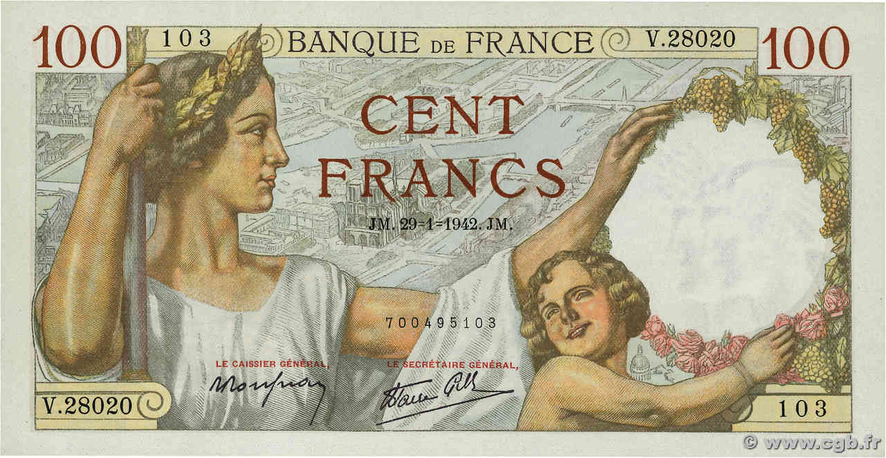 100 Francs SULLY FRANCE  1942 F.26.65 UNC