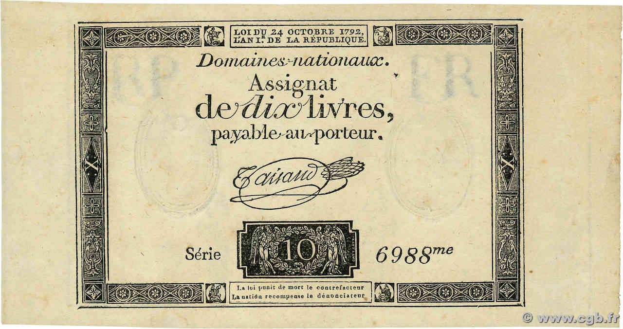 10 Livres filigrane républicain  FRANCE  1792 Ass.36b AU+