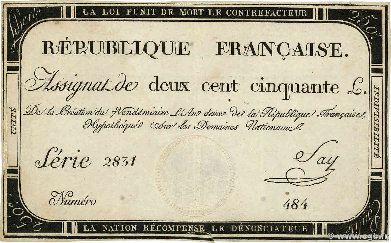 250 Livres FRANCIA  1793 Ass.45a MBC+