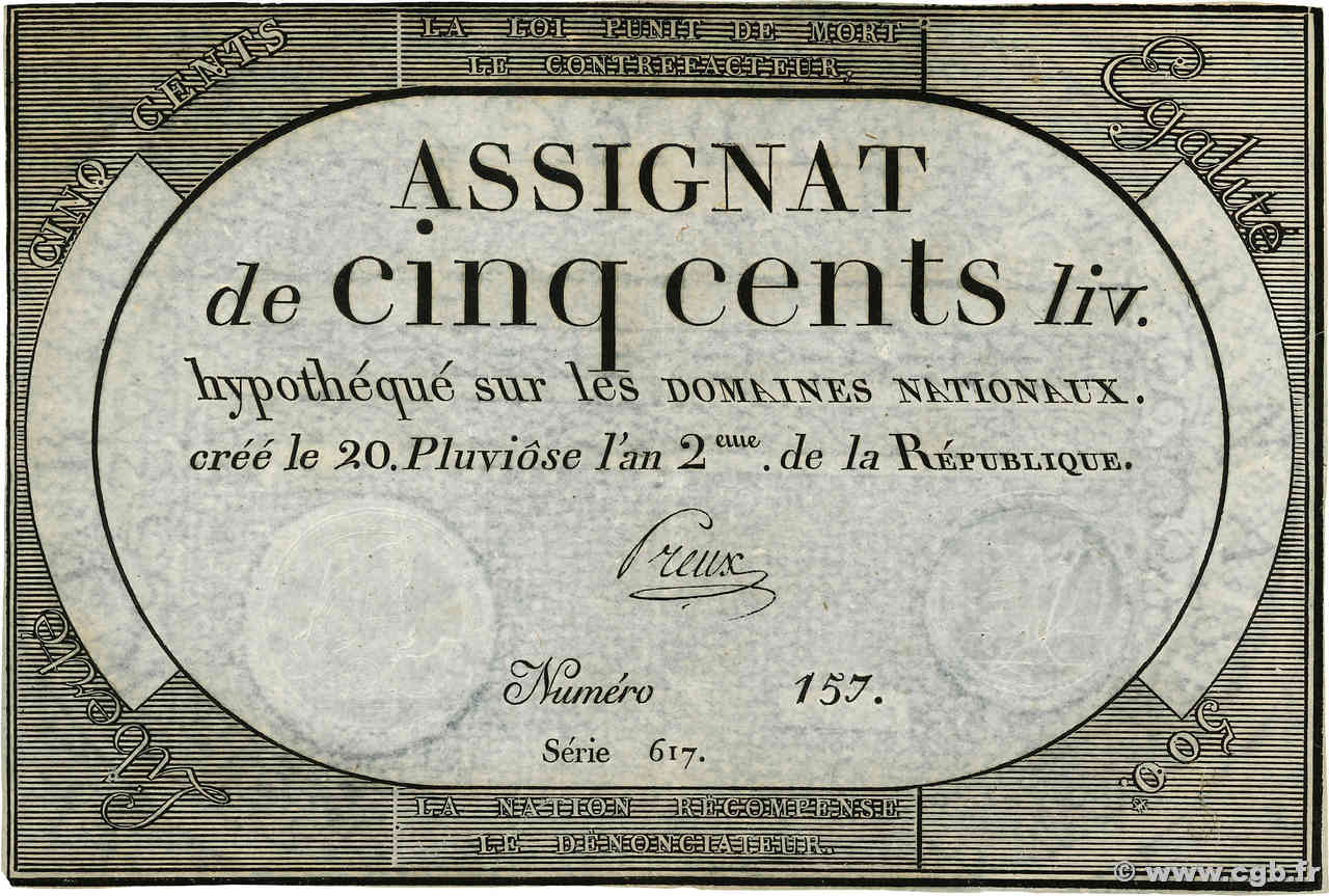 500 Livres FRANCE  1794 Ass.47a SUP