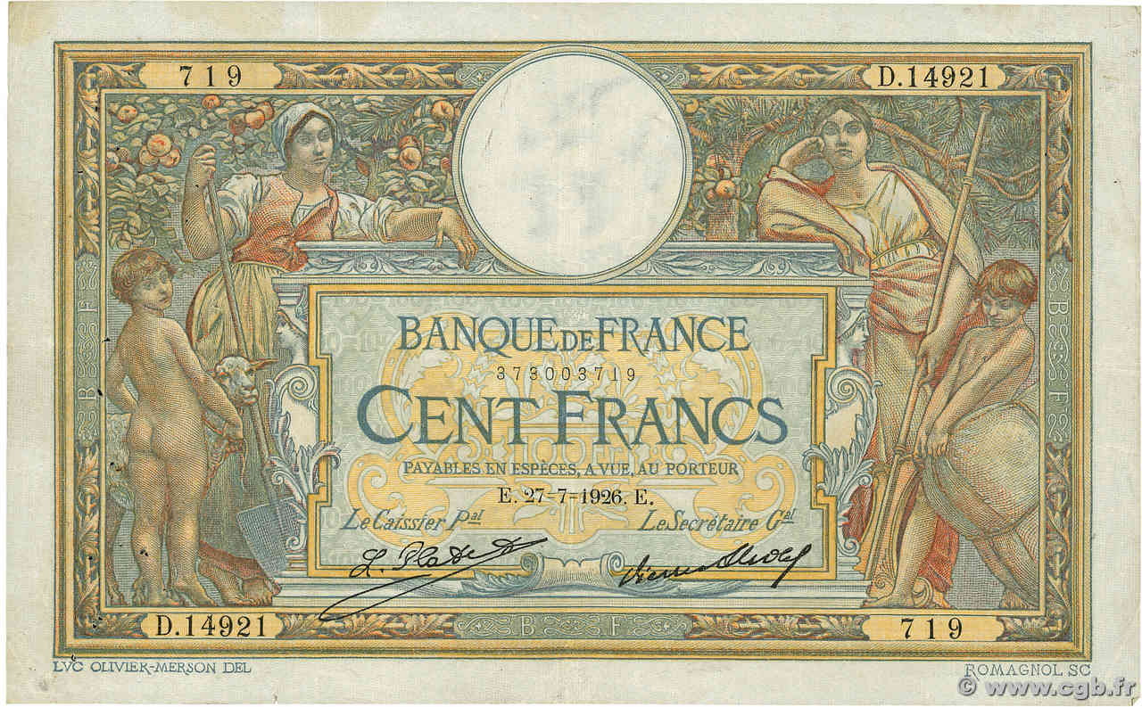 100 Francs LUC OLIVIER MERSON grands cartouches FRANCIA  1926 F.24.05 BC+