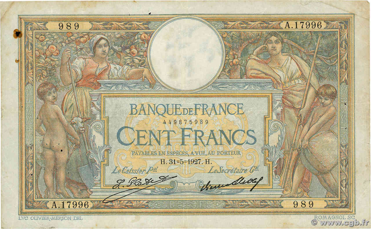 100 Francs LUC OLIVIER MERSON grands cartouches FRANCIA  1927 F.24.06 MB