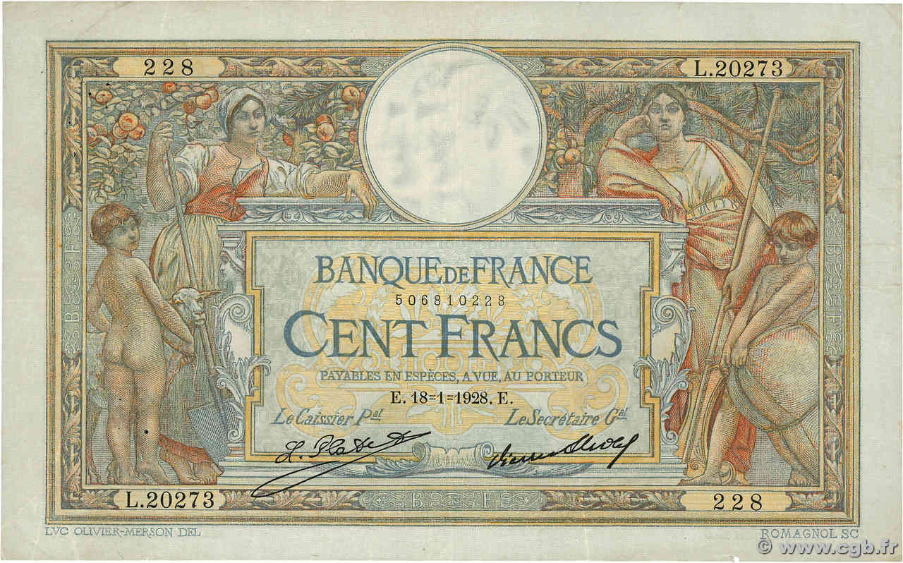 100 Francs LUC OLIVIER MERSON grands cartouches FRANCE  1928 F.24.07 F+