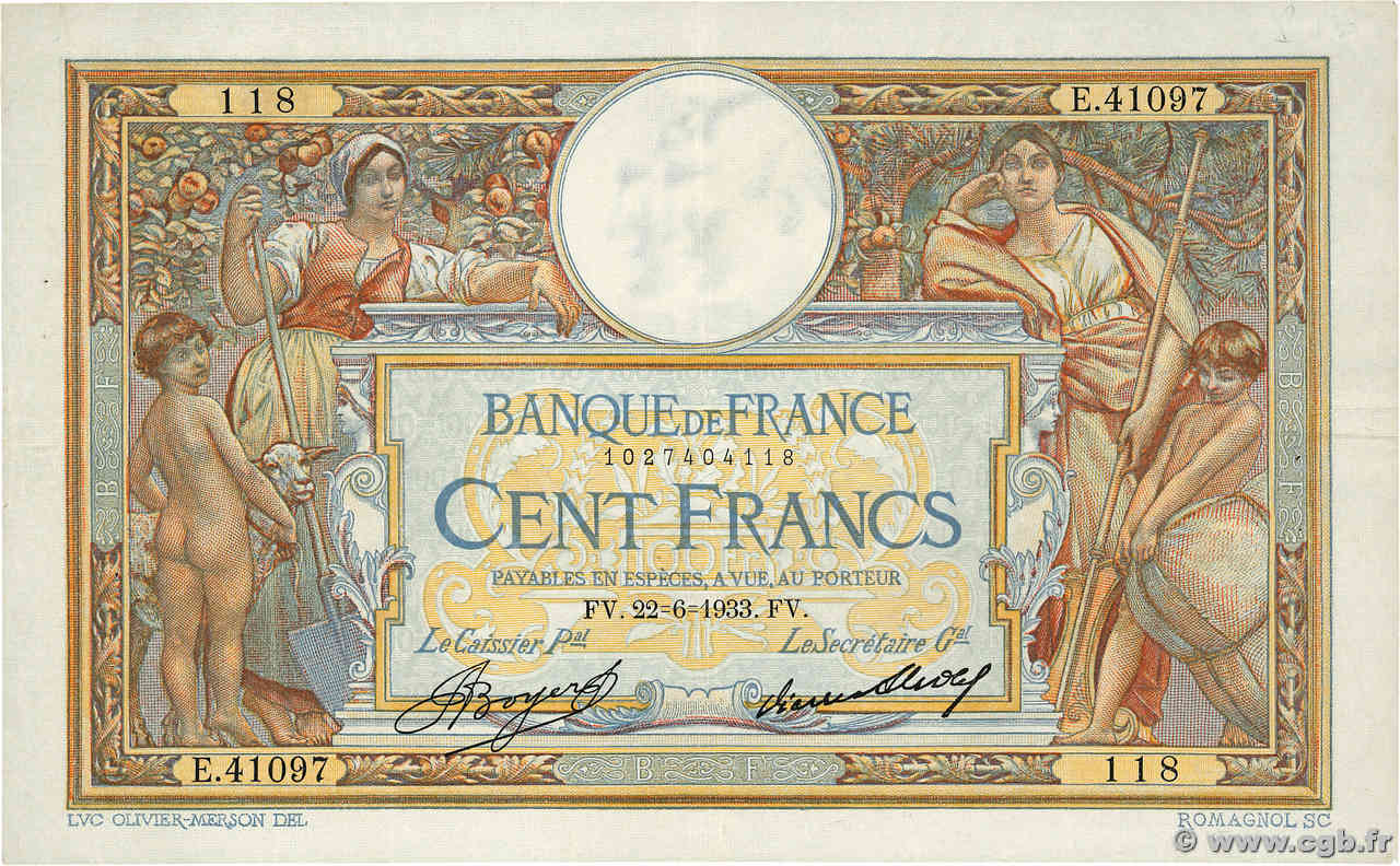 100 Francs LUC OLIVIER MERSON grands cartouches FRANCE  1933 F.24.12a VF+