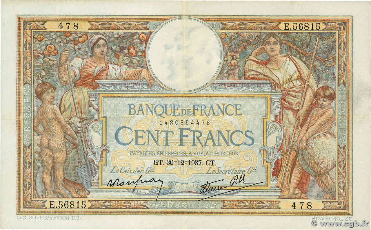 100 Francs LUC OLIVIER MERSON type modifié FRANCE  1937 F.25.07 XF-