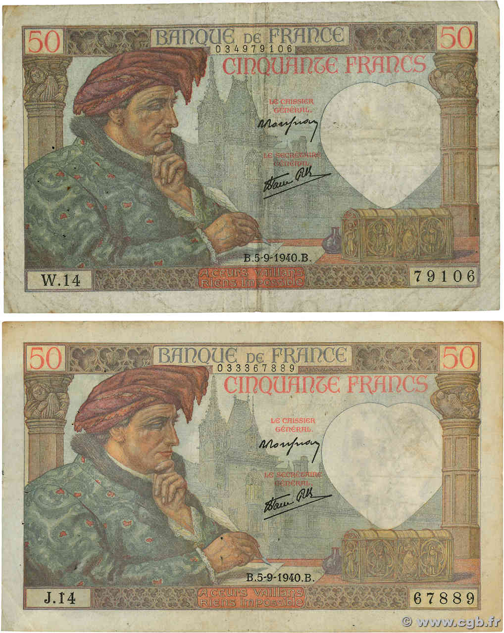 50 Francs JACQUES CŒUR Lot FRANCIA  1940 F.19.02 RC+