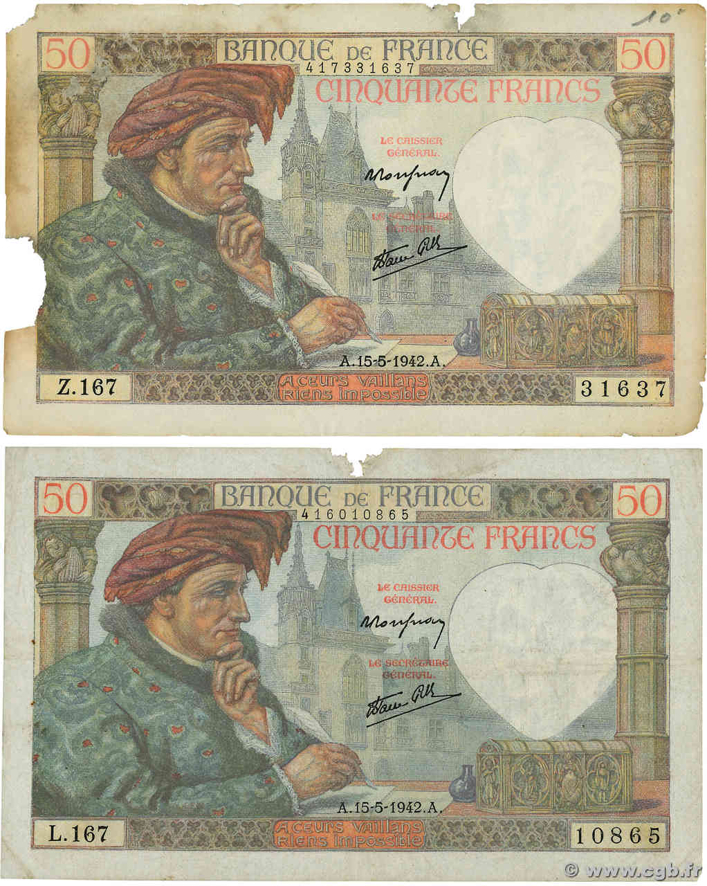 50 Francs JACQUES CŒUR Lot FRANCE  1942 F.19.20 B+