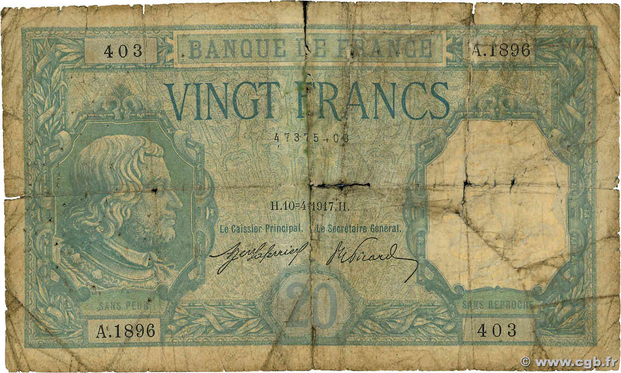 20 Francs BAYARD FRANKREICH  1917 F.11.02 GE