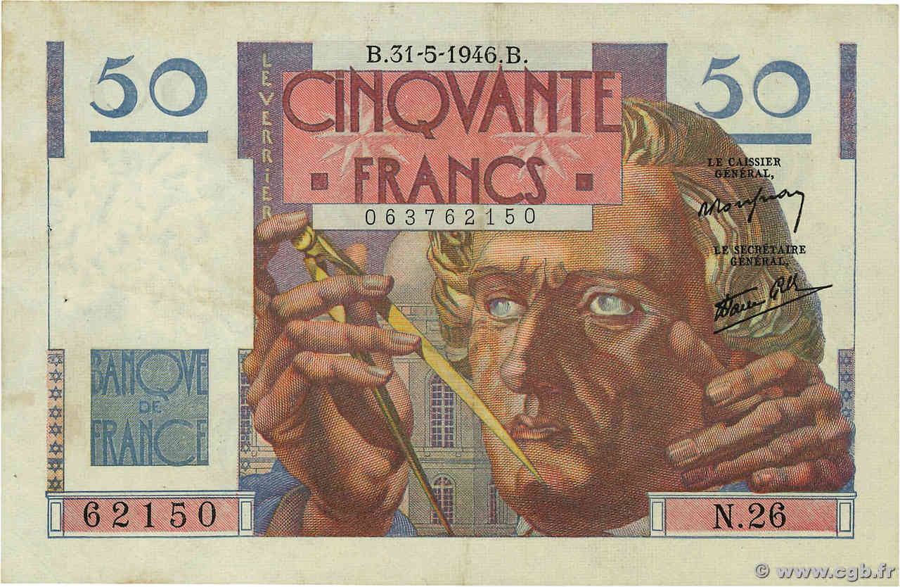 50 Francs LE VERRIER FRANCIA  1946 F.20.05 q.SPL