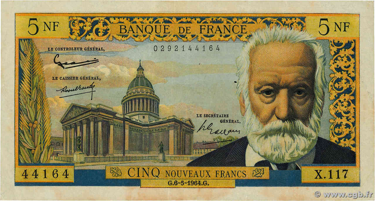 5 Nouveaux Francs VICTOR HUGO FRANCE  1964 F.56.15 TB+