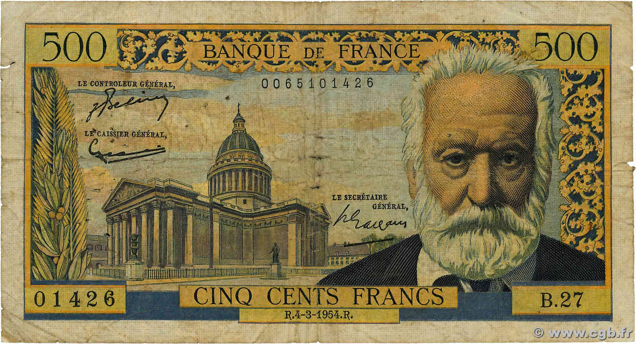 500 Francs VICTOR HUGO FRANCE  1954 F.35.02 B