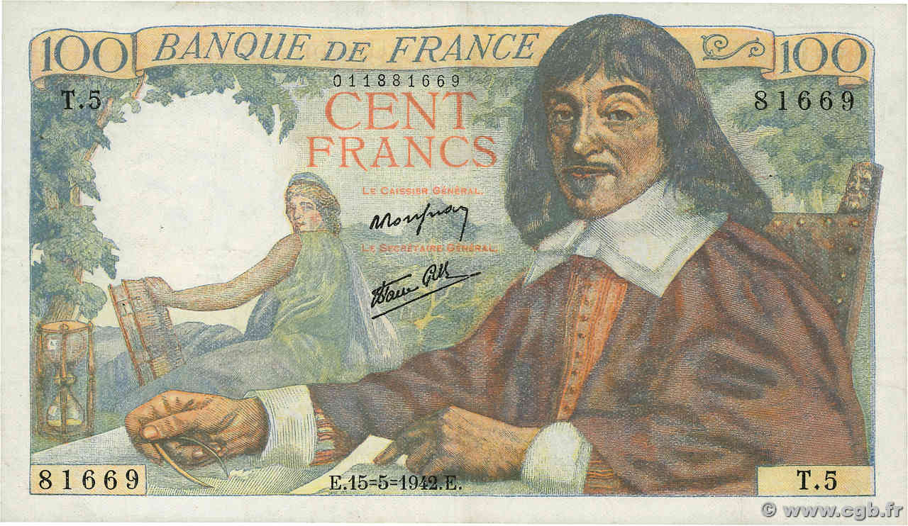 100 Francs DESCARTES FRANCE  1942 F.27.01 TTB+