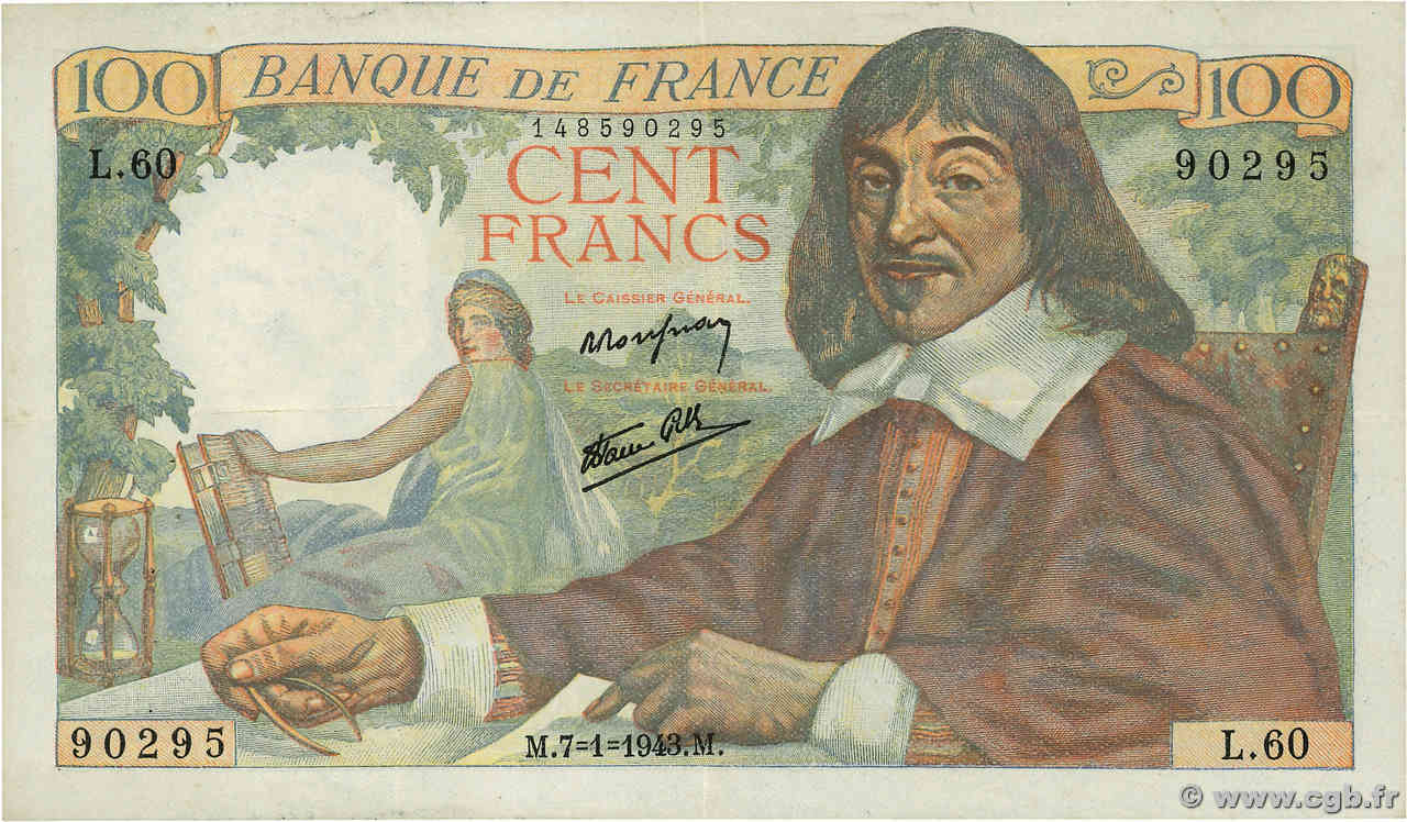 100 Francs DESCARTES FRANCIA  1943 F.27.03 q.SPL