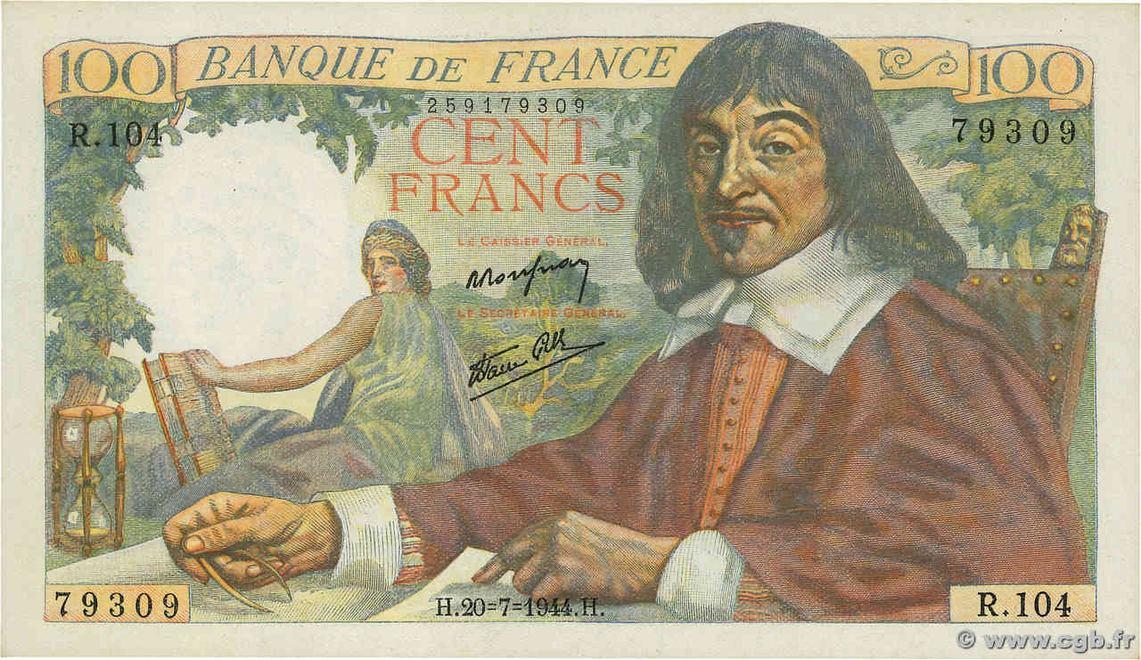 100 Francs DESCARTES FRANCIA  1944 F.27.06 SC+