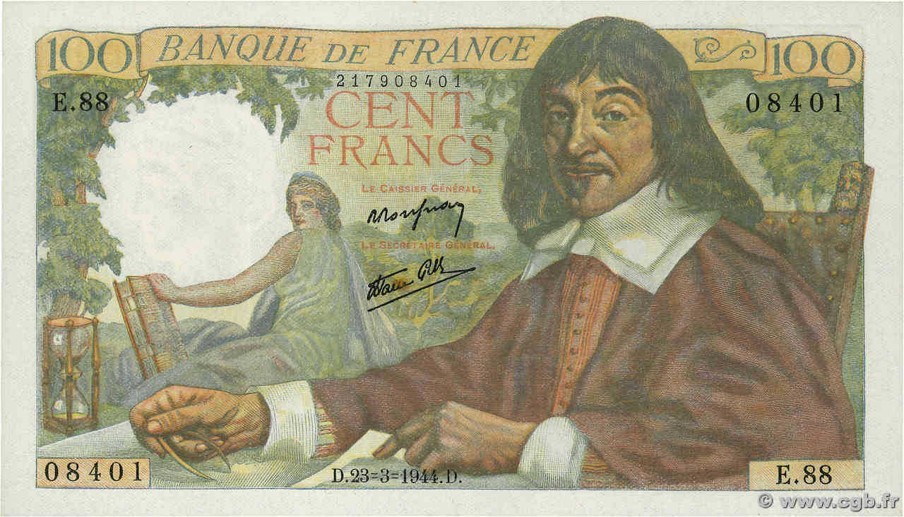 100 Francs DESCARTES FRANCIA  1944 F.27.05 SC+