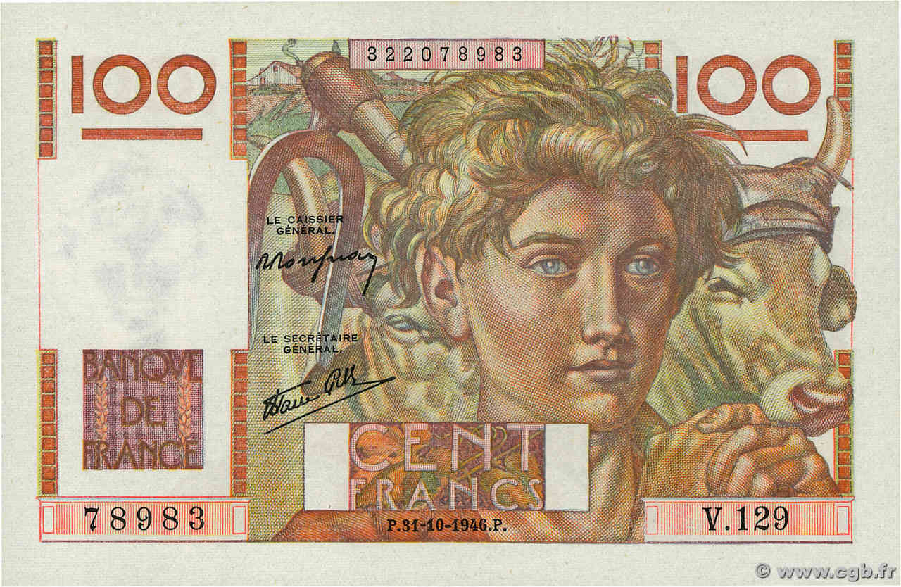 100 Francs JEUNE PAYSAN FRANKREICH  1946 F.28.10 fST+