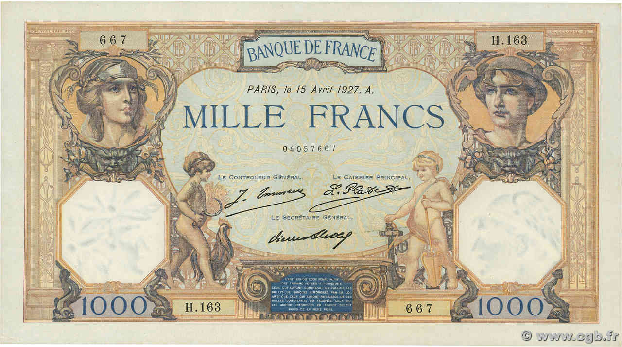 1000 Francs CÉRÈS ET MERCURE FRANKREICH  1927 F.37.01 VZ+