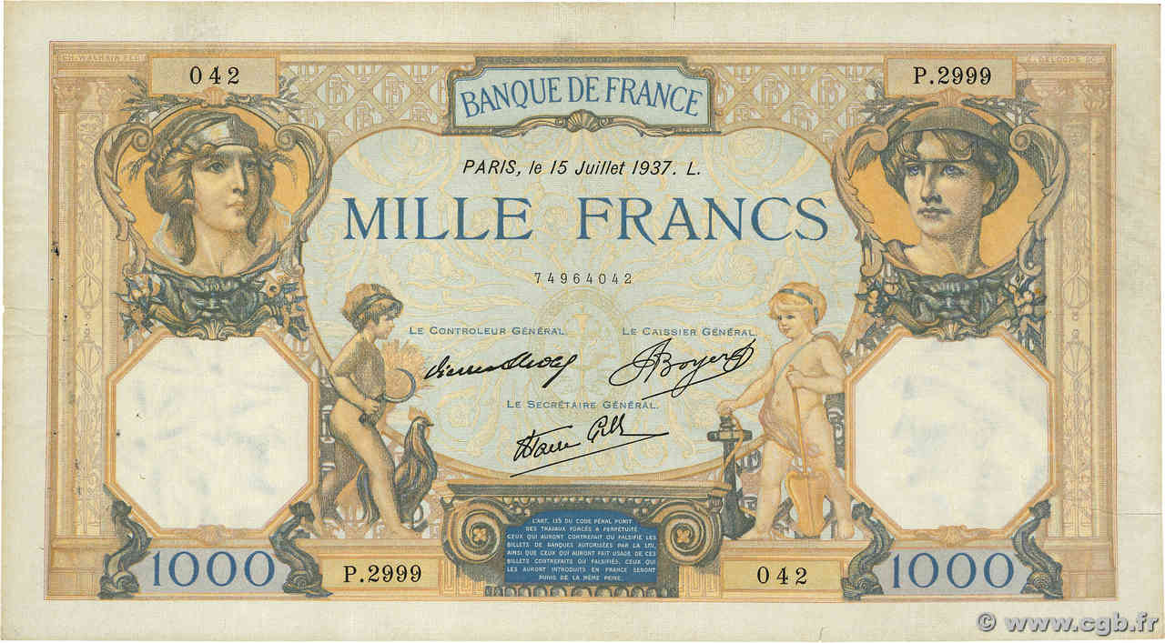 1000 Francs CÉRÈS ET MERCURE type modifié FRANKREICH  1937 F.38.02 SS