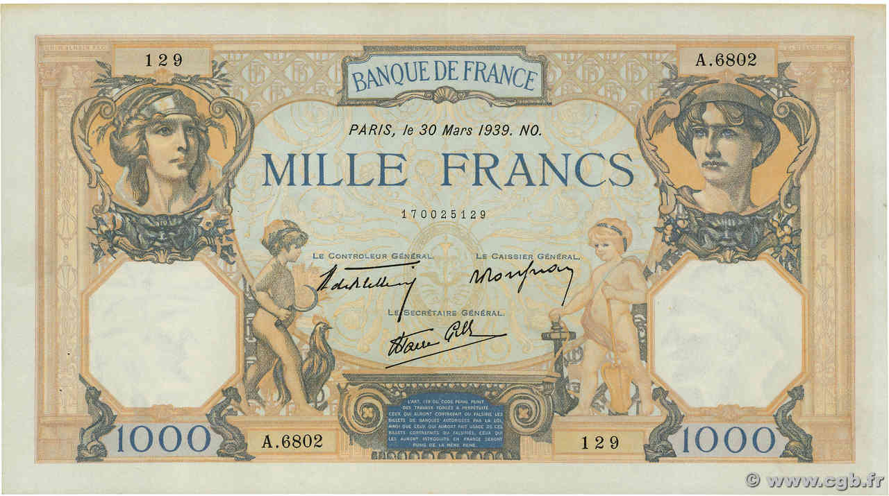 1000 Francs CÉRÈS ET MERCURE type modifié FRANCIA  1939 F.38.35 EBC