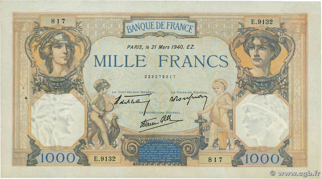 1000 Francs CÉRÈS ET MERCURE type modifié FRANKREICH  1940 F.38.44 fVZ