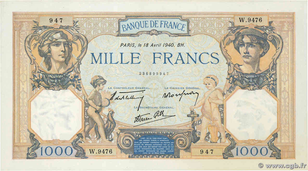 1000 Francs CÉRÈS ET MERCURE type modifié FRANCE  1940 F.38.46 AU