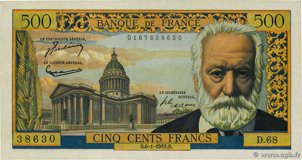 500 Francs VICTOR HUGO FRANCE  1955 F.35.04 VF+