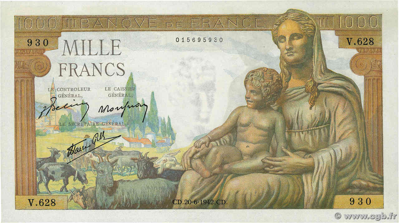 1000 Francs DÉESSE DÉMÉTER FRANCE  1942 F.40.03 UNC-