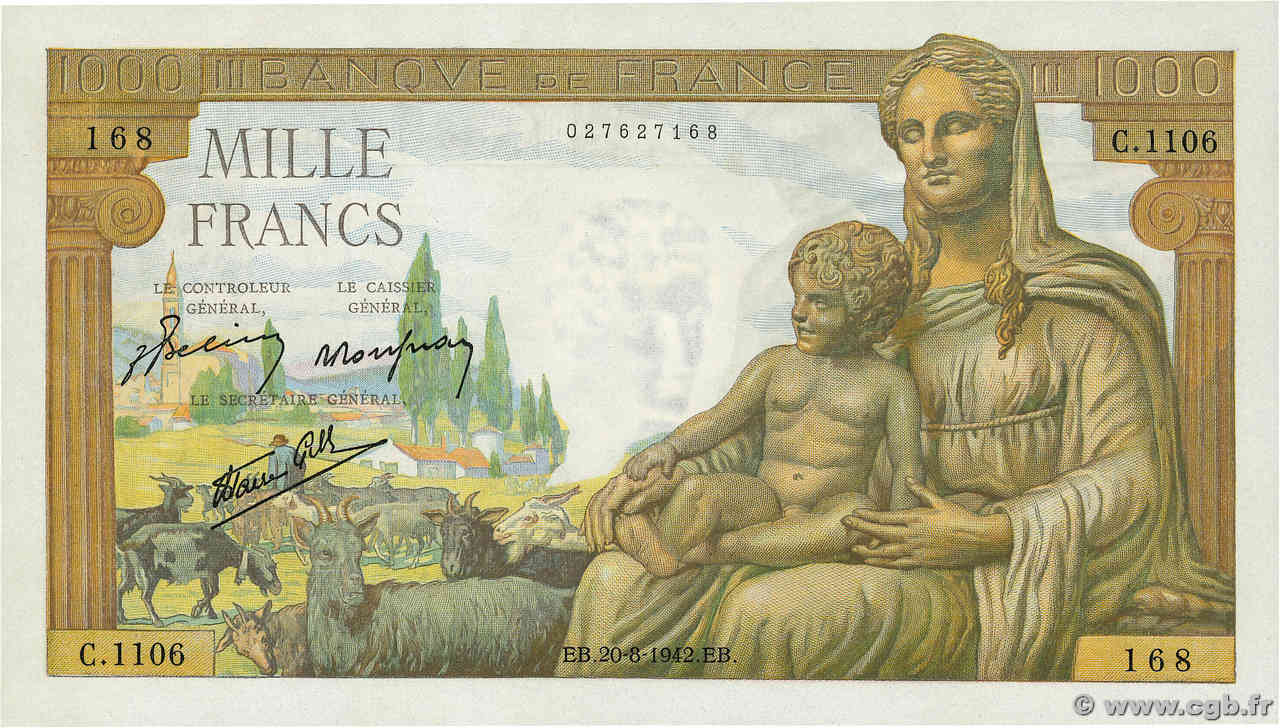 1000 Francs DÉESSE DÉMÉTER FRANCE  1942 F.40.05 UNC-