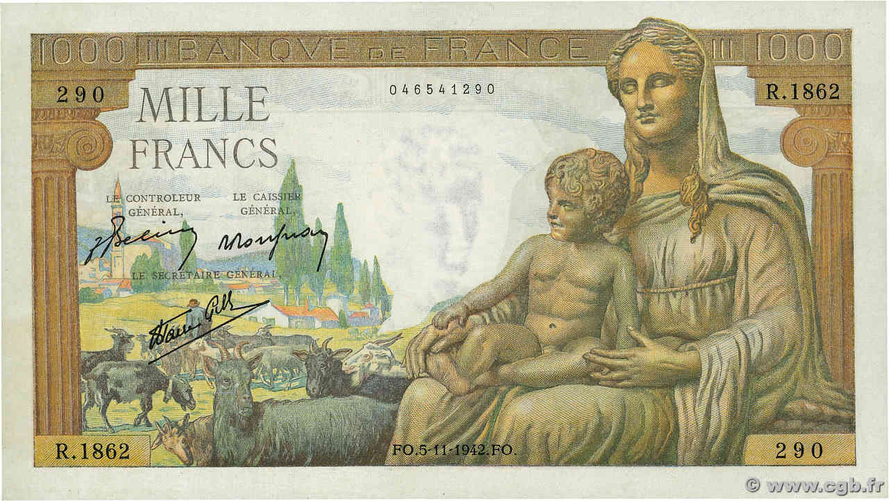 1000 Francs DÉESSE DÉMÉTER FRANKREICH  1942 F.40.10 fST+