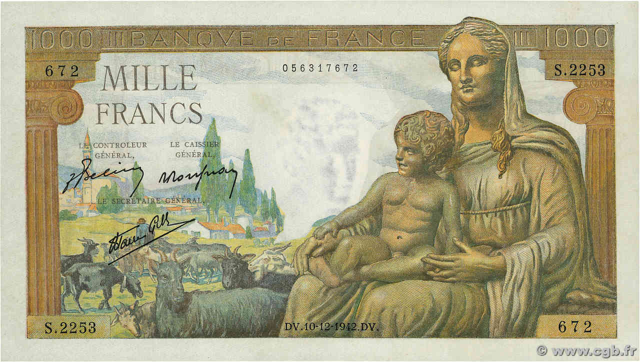 1000 Francs DÉESSE DÉMÉTER FRANCE  1942 F.40.13 SPL+