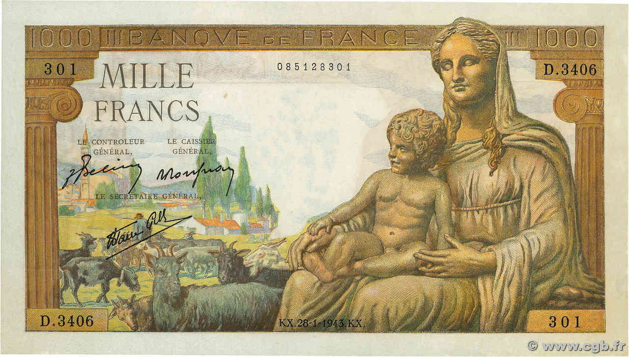 1000 Francs DÉESSE DÉMÉTER FRANCE  1943 F.40.17 UNC-
