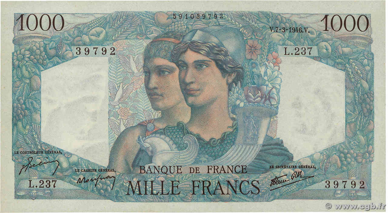 1000 Francs MINERVE ET HERCULE FRANCE  1946 F.41.12 AU