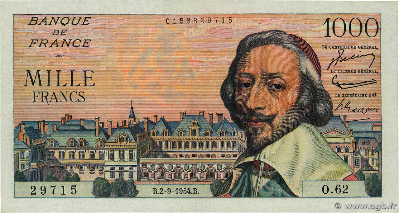 1000 Francs RICHELIEU FRANCE  1954 F.42.07 XF+