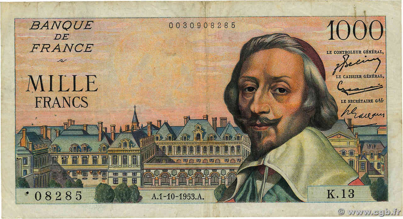 1000 Francs RICHELIEU FRANCIA  1953 F.42.03 q.BB