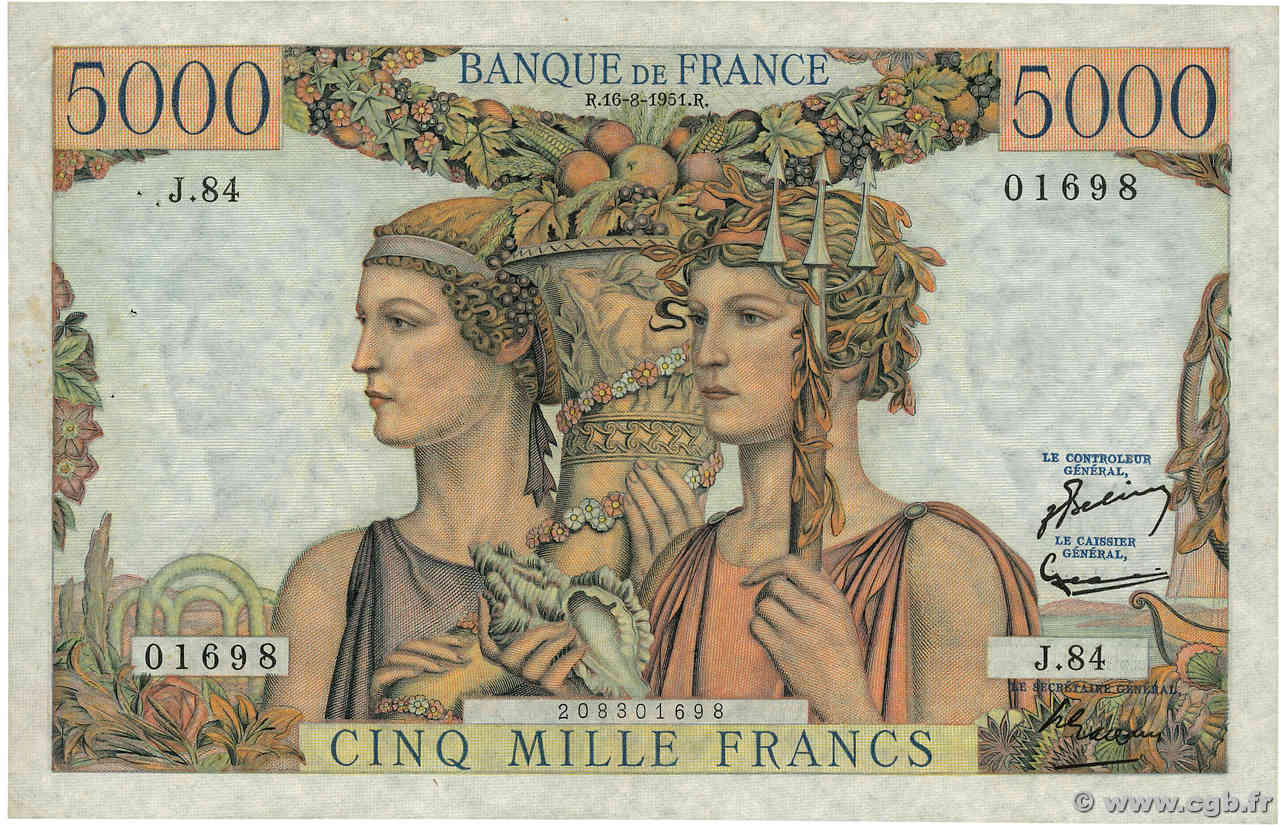 5000 Francs TERRE ET MER FRANCE  1951 F.48.05 VF+